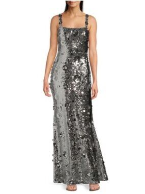 Marchesa Silver Sequin Square-Neck Maxi Dress